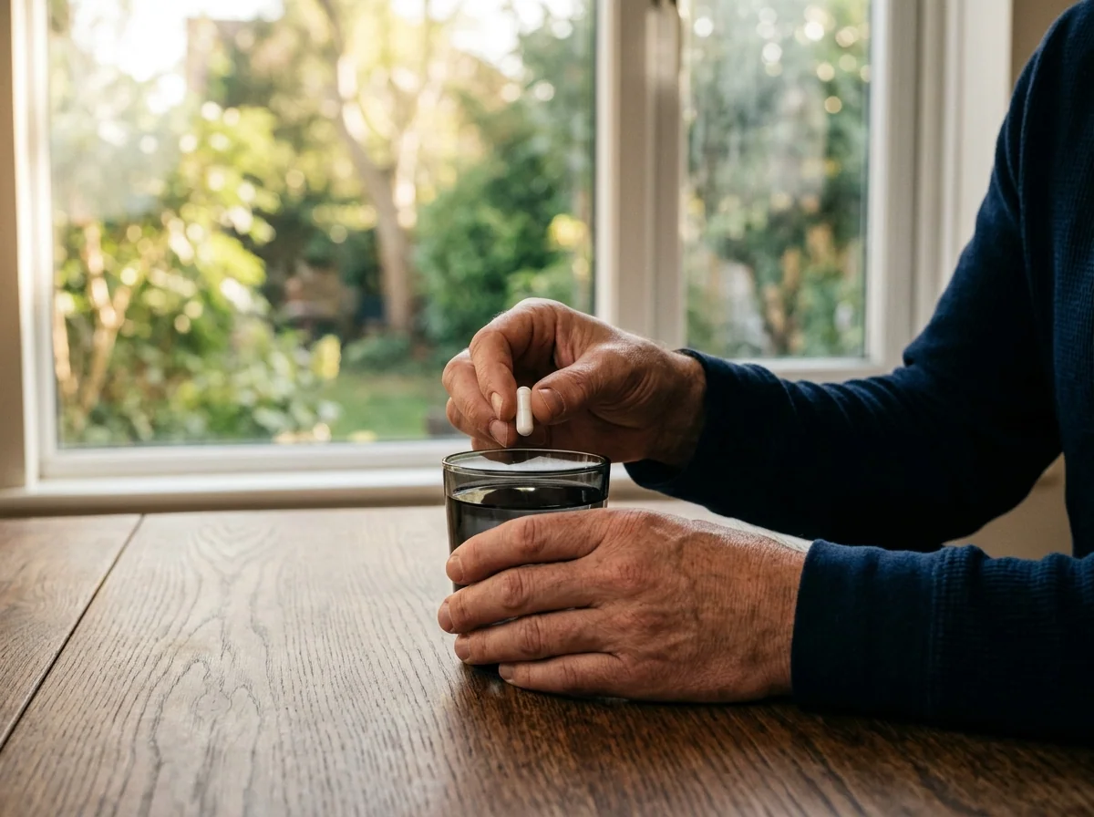 Ochtendcapsule innemen met water als onderdeel van mannengezondheidssupplement dagelijkse routine